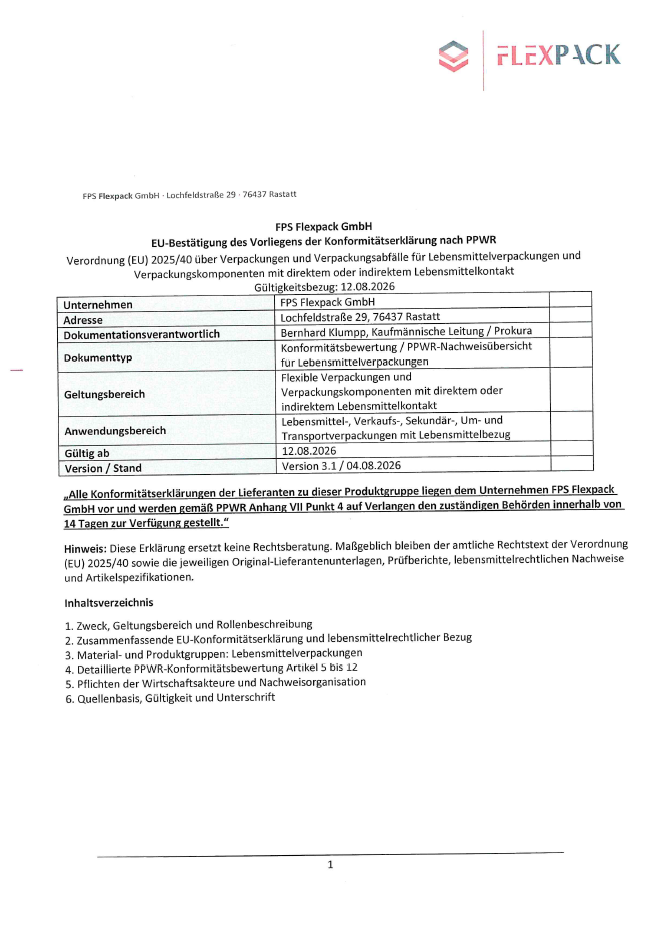 Konformitätserklärung Lebensmittelverpackungen
