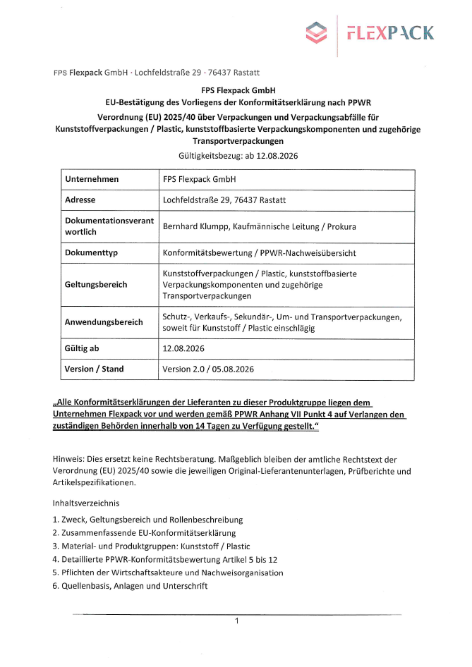 Konformitätserklärung Kunststoffe