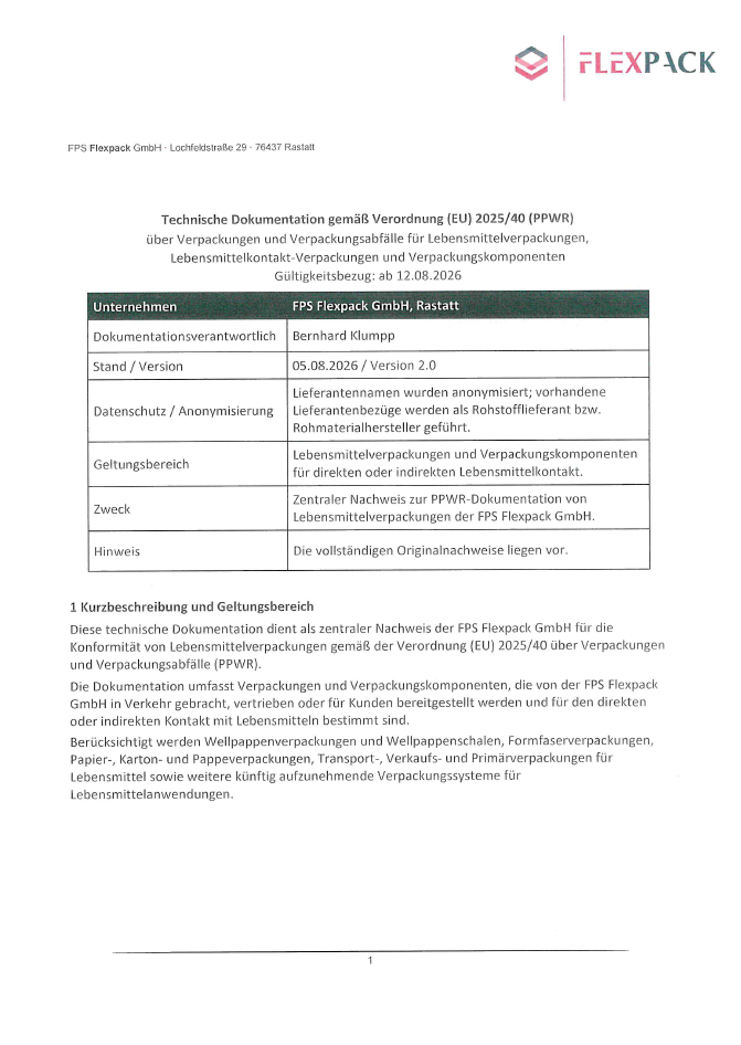 Technische Dokumentation Lebensmittelverpackungen